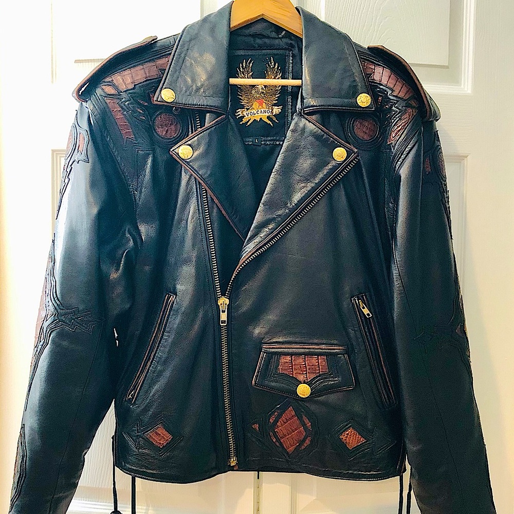 Vintage NWOT motorcycle jacket Volcano leather, lamb, and alligator